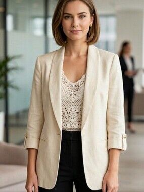 NWOT Anne Klein Blazer Linen Blend Jacket 3/4 Sleeve Size S Cream
